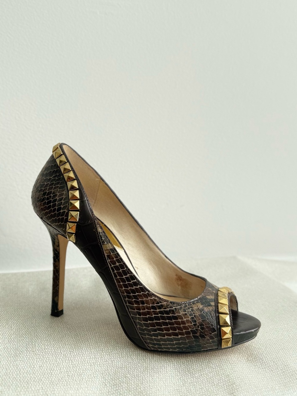 Women's Black Snakeskin Peep-Toe High Heel with Gold Studs